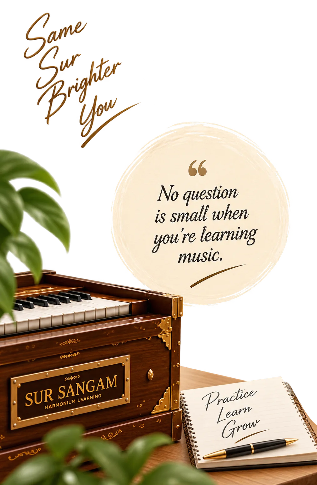 Sur Sangam harmonium and practice notebook