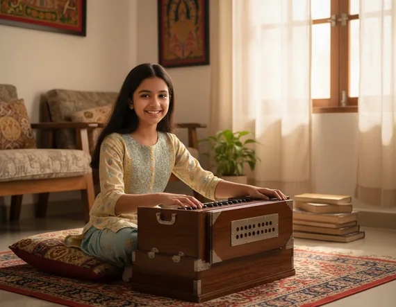 Aarushi Sharma playing harmonium